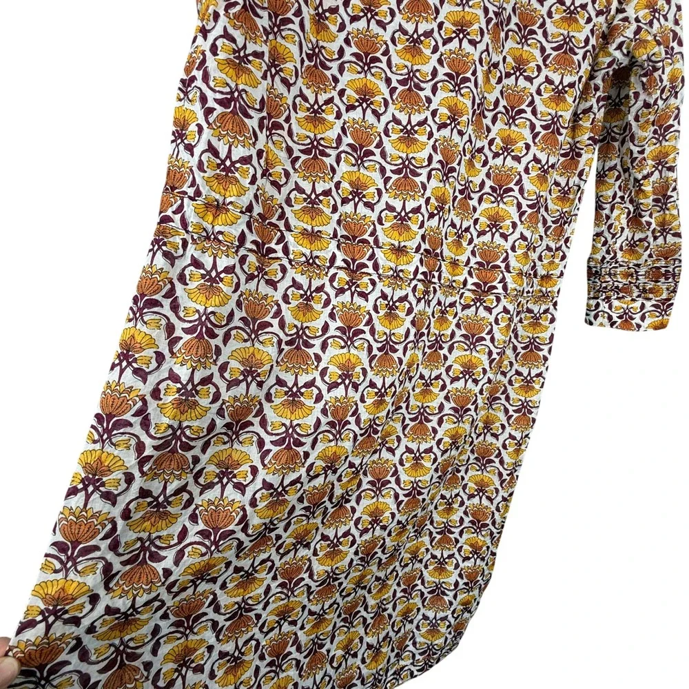 Tory Burch Tunic Dress Women 12 Orange Floral Cotton V-Neck Long Sleeve Boho